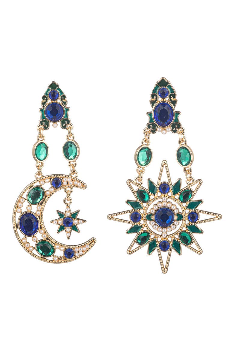 Star & Moon Crystal Drop Earrings, Main, color, GREEN