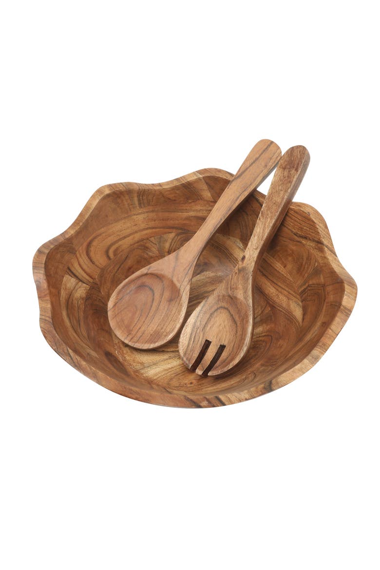 Sandhurst 3-Piece Scalloped Acacia Wood Salad Bowl Set, Main, color, Natural