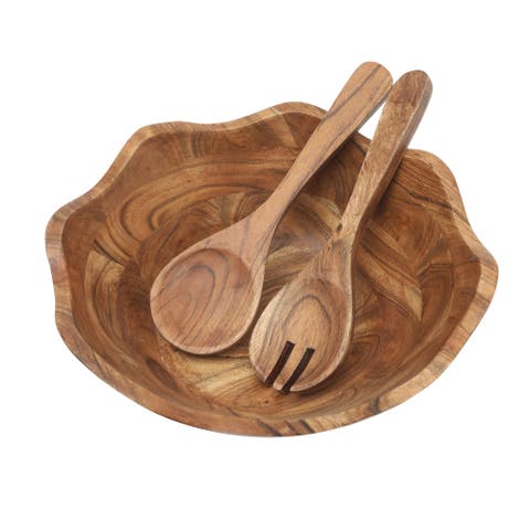 Sandhurst 3-Piece Scalloped Acacia Wood Salad Bowl Set