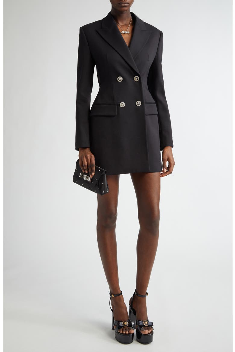 blazer dress with mesh sleeves SHEIN Priv Sheer Mesh Lantern Sleeve Double Breasted Tweed Blazer Dress