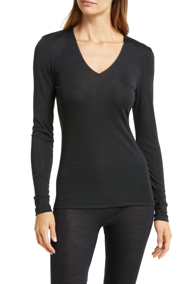 Hanro V-Neck Wool & Silk Top, Main, color, 