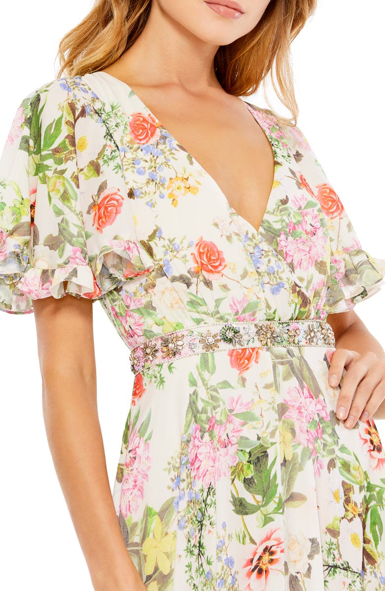 Mac Duggal Floral Print Flutter Sleeve Gown, Alternate, color,