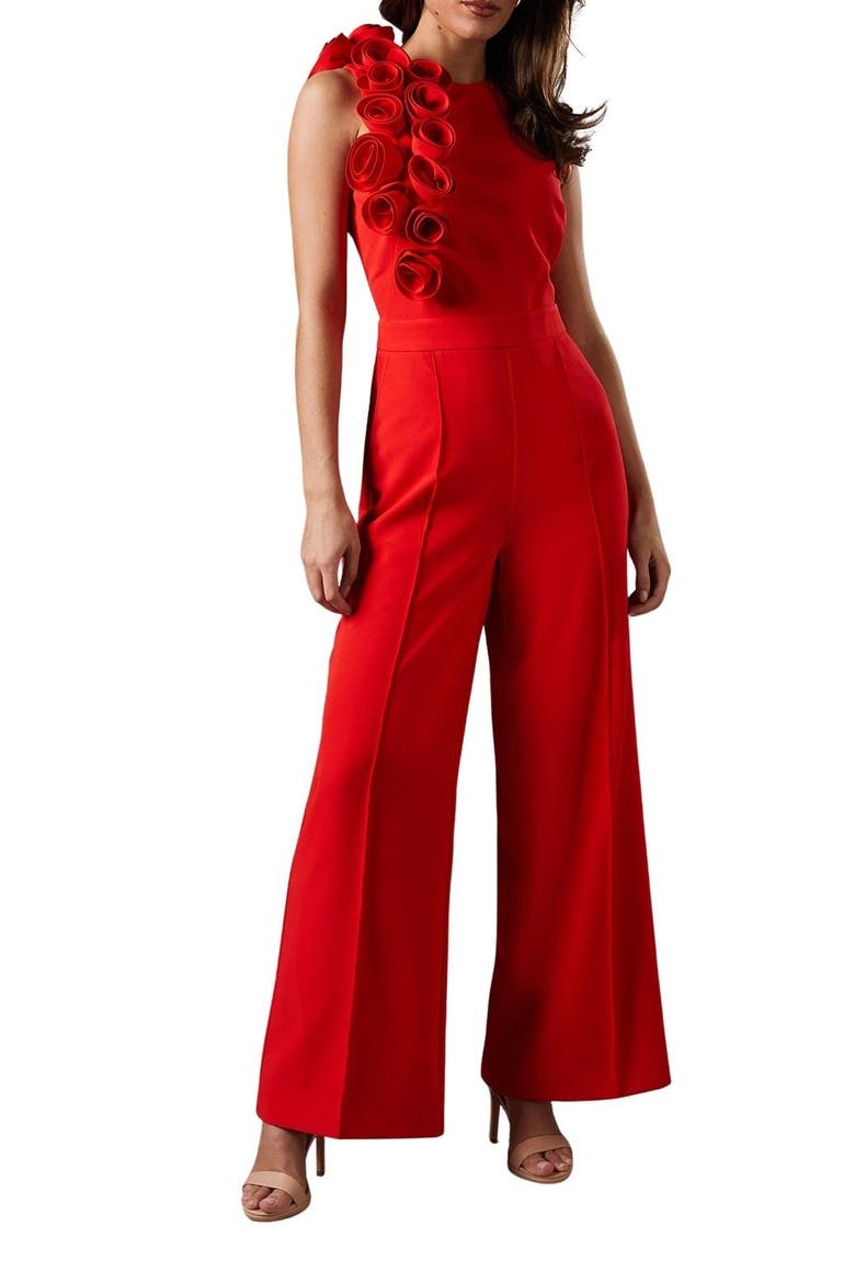 Corsage Detail Pleated Jumpsuit, Alternate, color, Poppy
