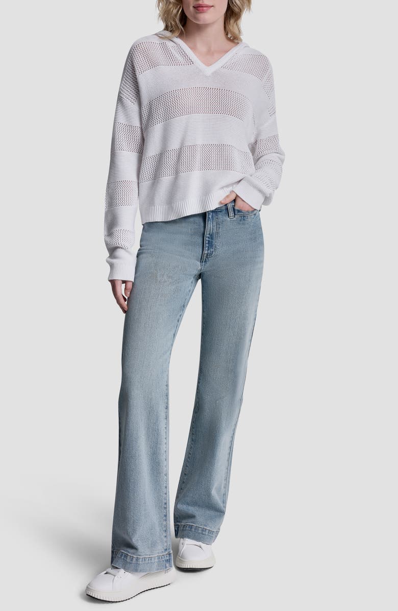 DKNY Jeans Pointelle Stripe Hooded Sweater, Alternate, color, White