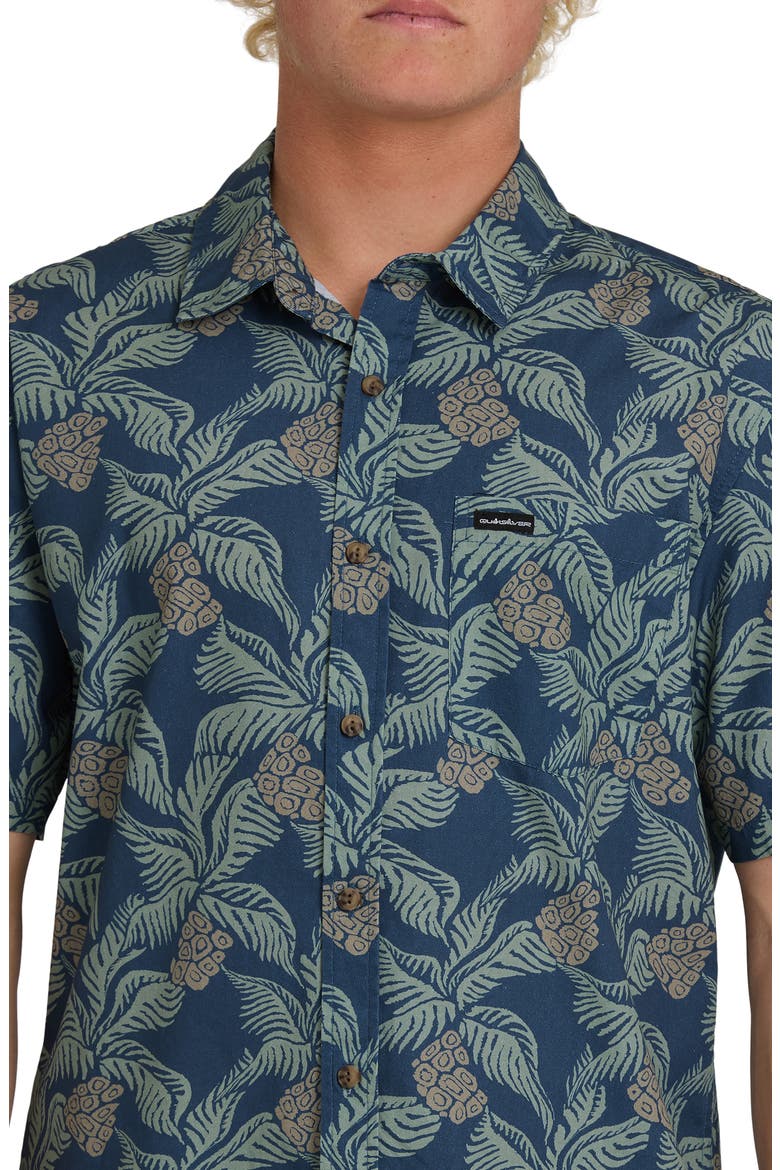 Hala Pineapple Print Classic Short Sleeve Cotton Button-Up Shirt, Alternate, color, DARK DENIM