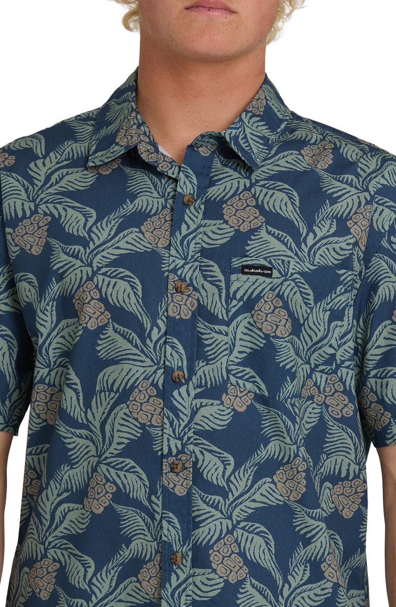 Quiksilver Hala Pineapple Print Classic Short Sleeve Cotton Button-Up Shirt, Alternate, color, Dark Denim