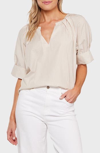 Matty M . Chloe Notch Collar Short Sleeve Top In Neutral