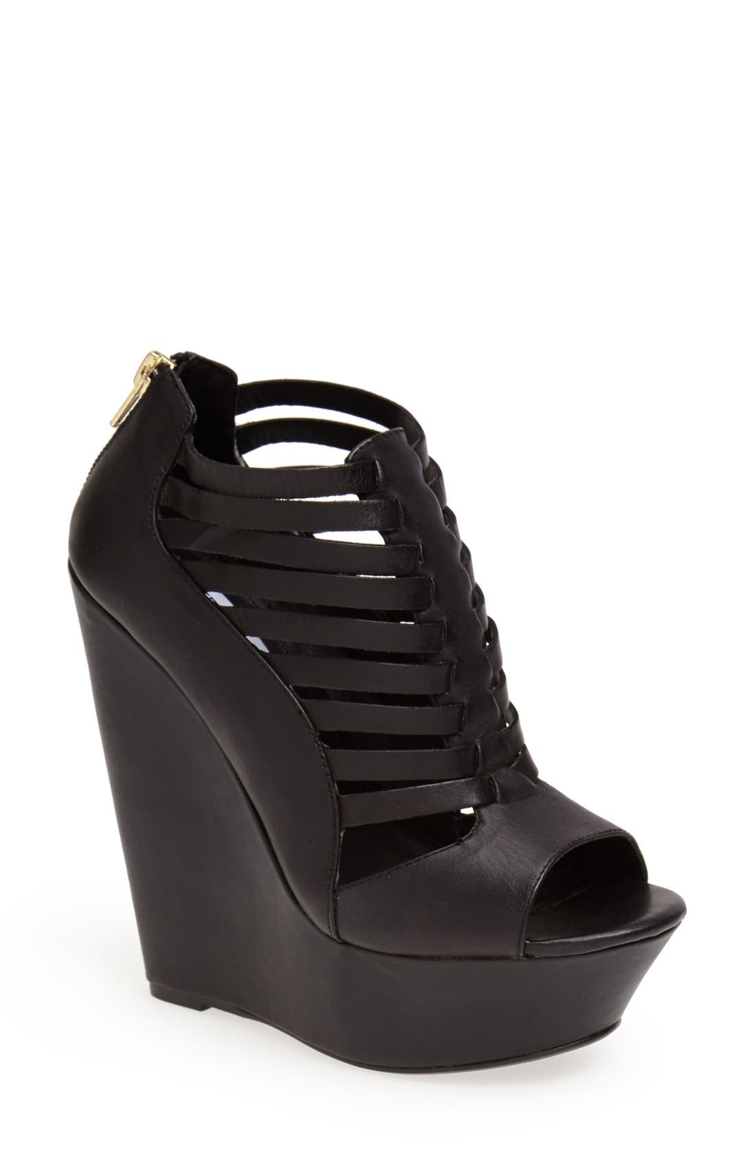 'Louees' Wedge Sandal, Main, color, BLACK LEATHER