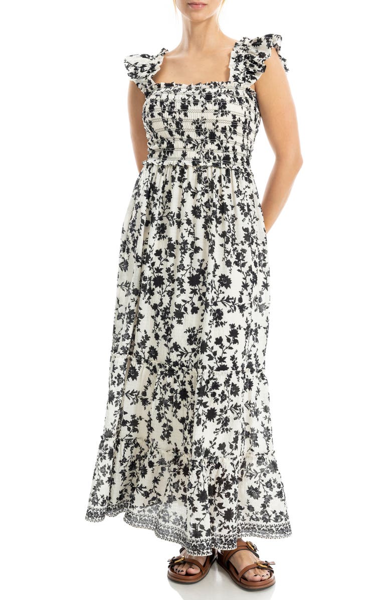 MAX STUDIO Flutter Sleeve Maxi Dress, Alternate, color, Ecru/ Black Silhouette Vine