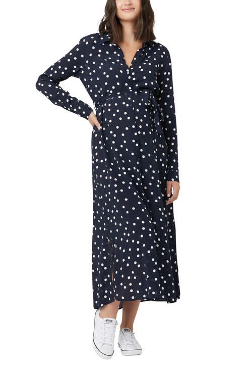 Spotted Long Sleeve Tie Waist Maternity Shirtdress