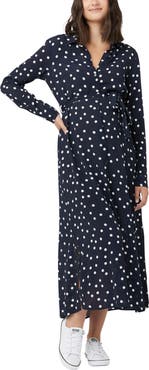 Ripe Maternity Spotted Long Sleeve Tie Waist Maternity Shirtdress
