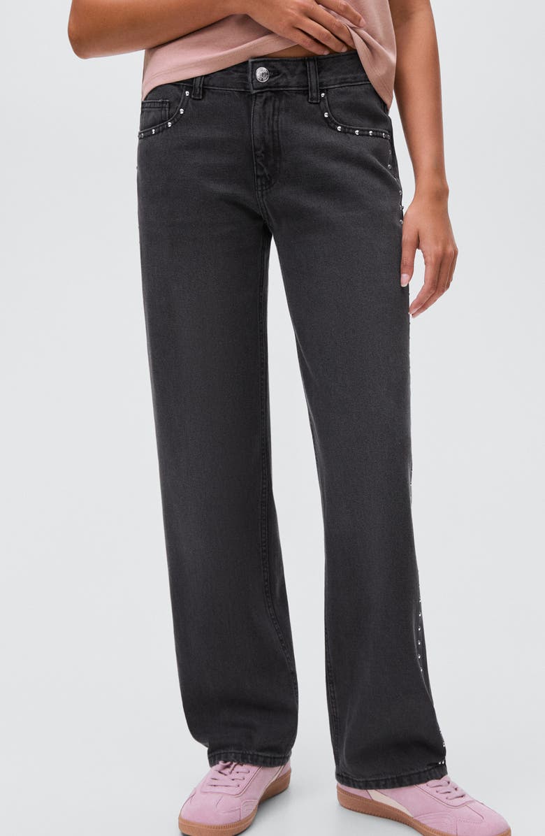 MANGO TEEN Studded Low Rise Straight Leg Jeans, Main, color, Black Denim
