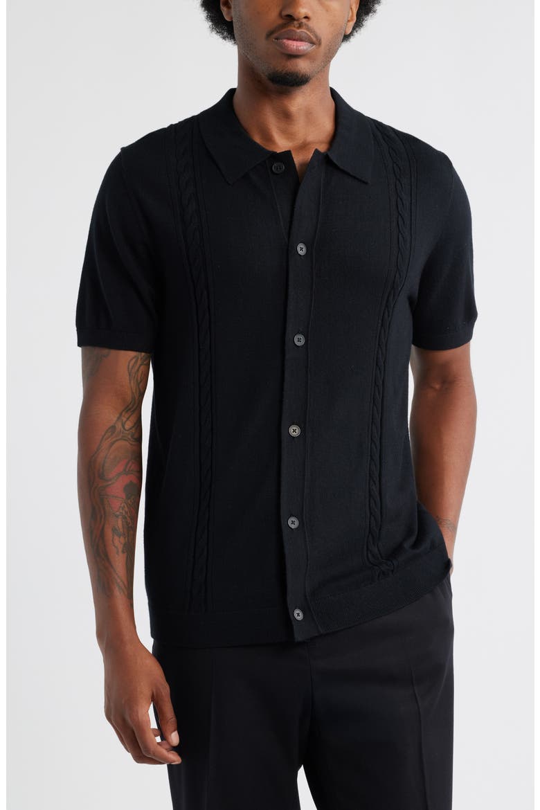 Cable Detail Short Sleeve Cardigan, Main, color, BLACK CAVIAR