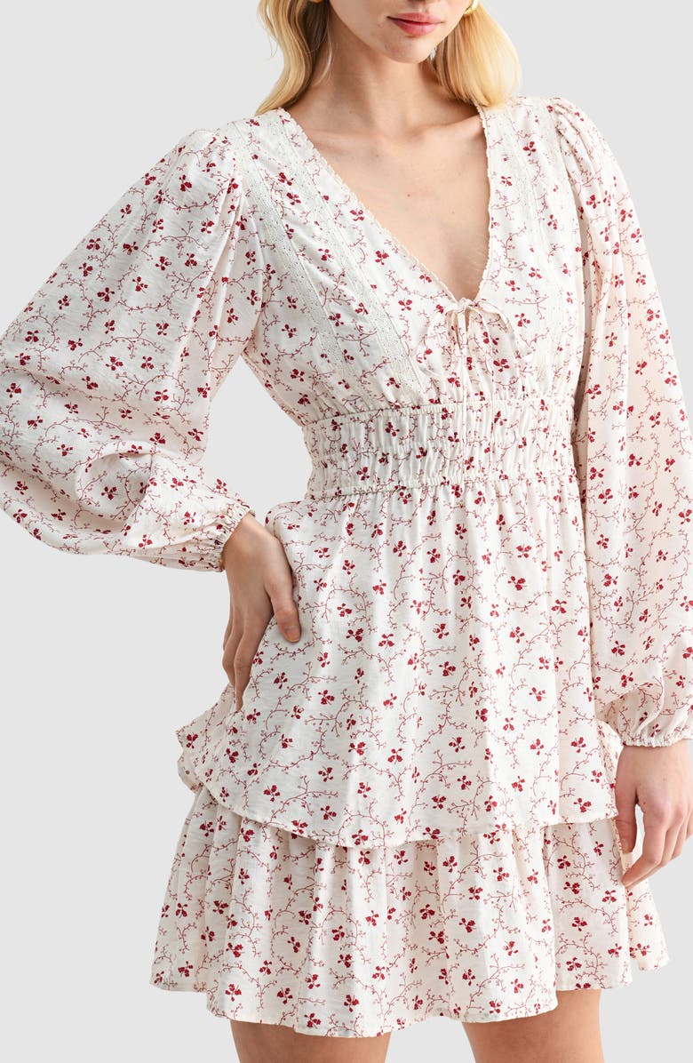 Lush Tiered Long Sleeve Minidress, Alternate, color, Cream Red