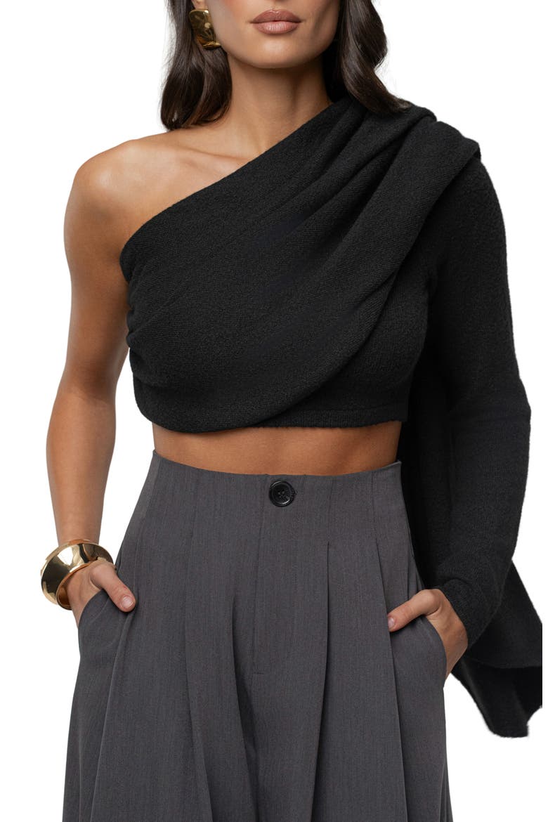 Capsule One-Shoulder Crop Sweater, Alternate, color, BLACK