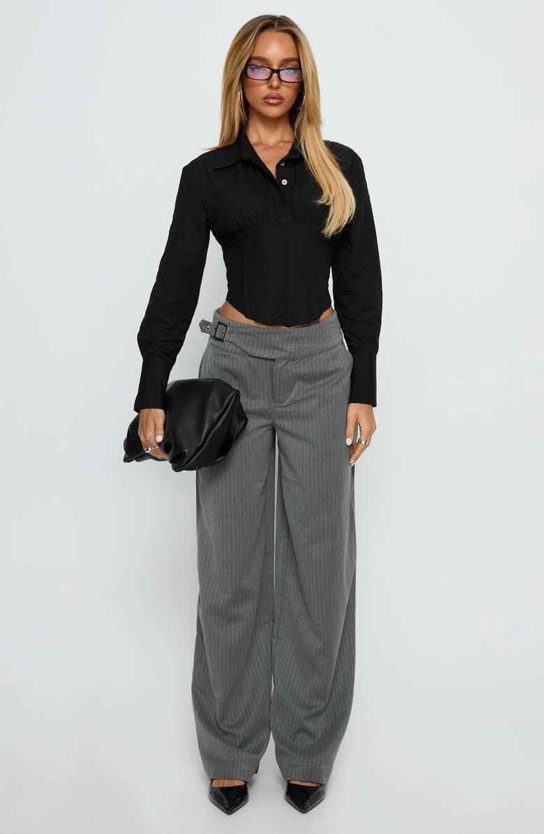Princess Polly Jinny Pinstripe Buckle Waist Wide Leg Pants, Alternate, color, Grey Pinstripe