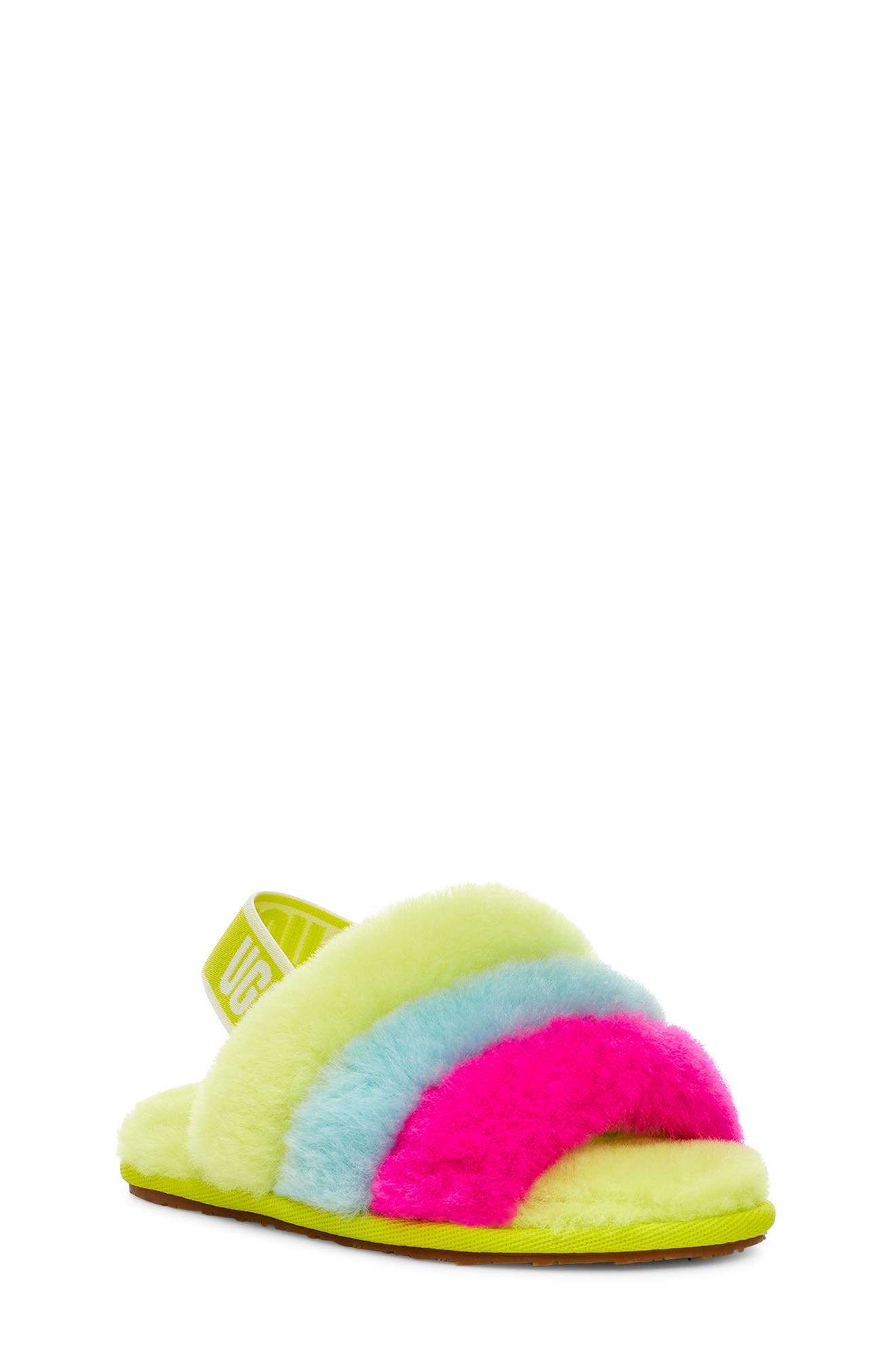 Fluff Yeah Genuine Shearling Slide Sandal, Main, color, NEON RAINBOW