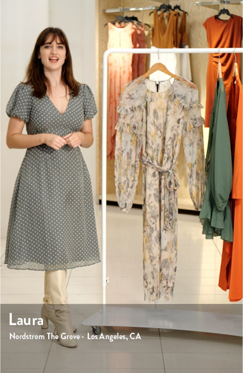 Floral Ruffle Trim Long Sleeve Mesh Plissé Dress, sales video thumbnail