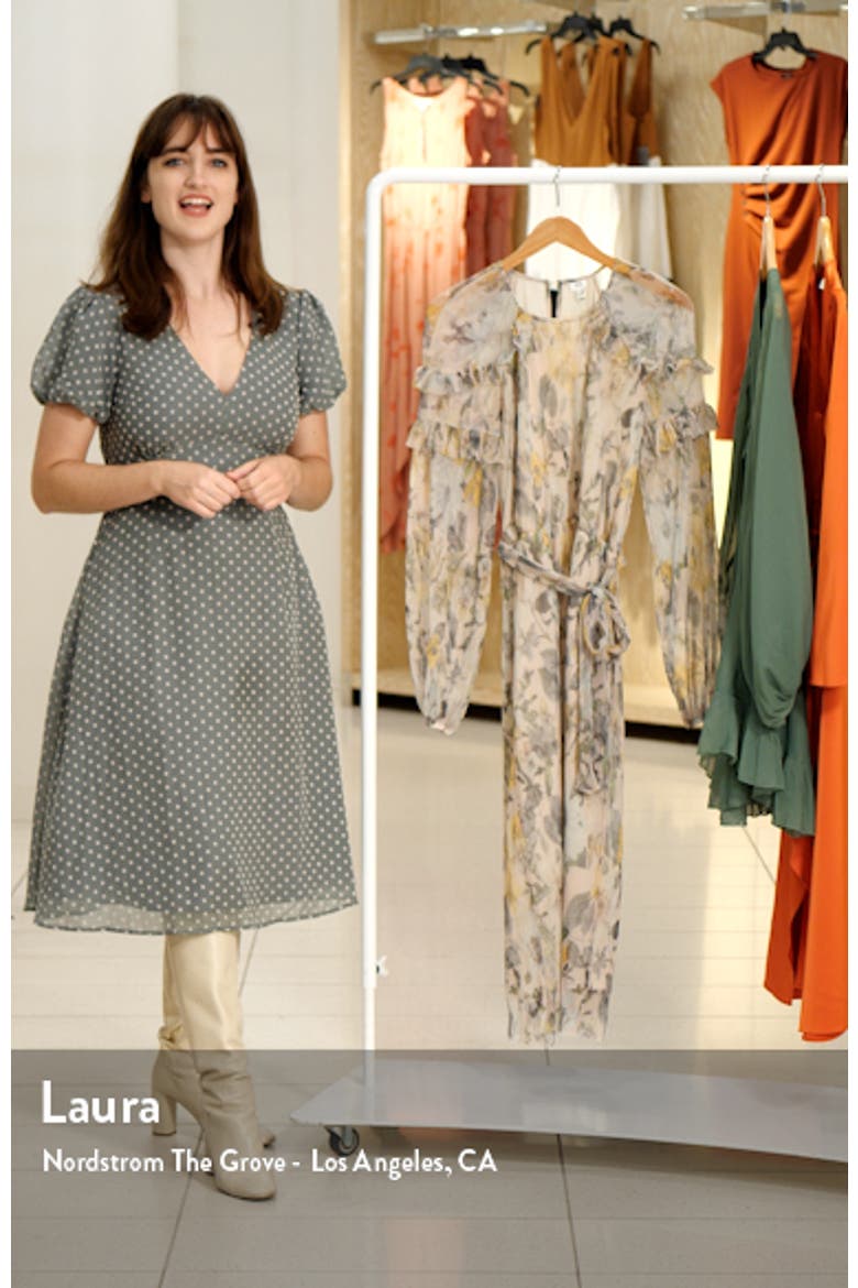 Floral Ruffle Trim Long Sleeve Mesh Plissé Dress video