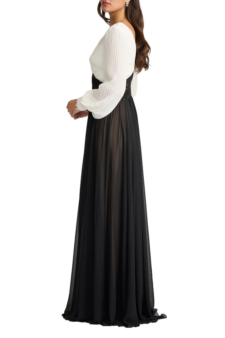 Pleated Bodice Long Sleeve Gown, Alternate, color, IVORY/ BLACK