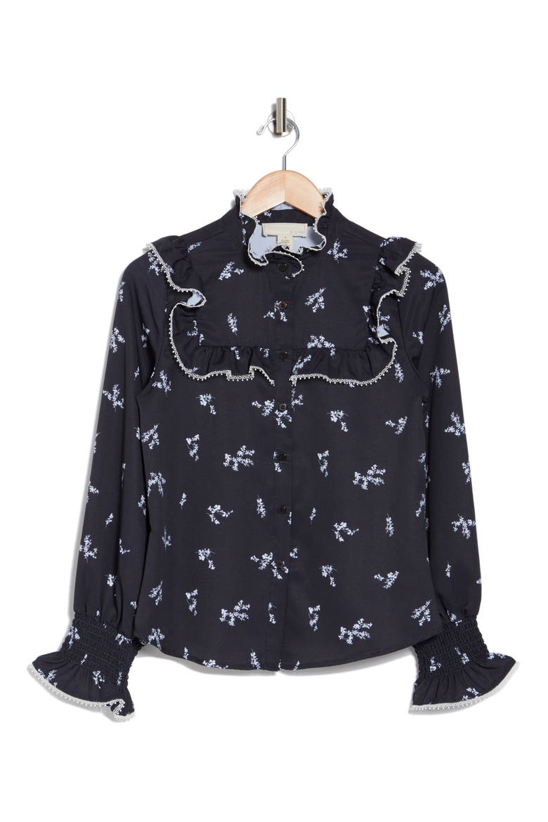 Amelia Floral Ruffled Yoke Button-Up Shirt, Alternate, color, MOON GARDEN