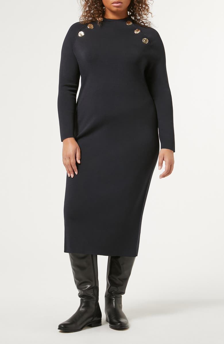 Marina Rinaldi Loretta Button Detail Long Sleeve Knit Dress, Main, color, 