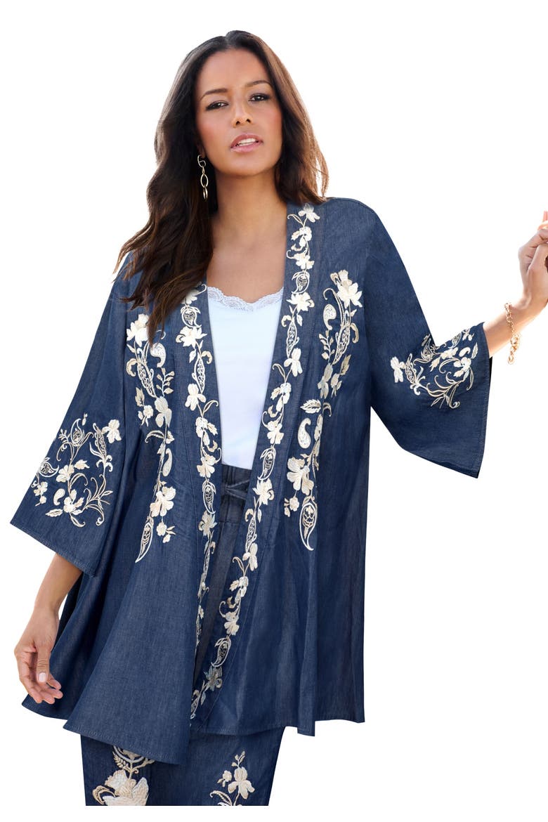 Plus Size Chambray Embroidered Wrap, Main, color, DARK VINE EMBROIDERY