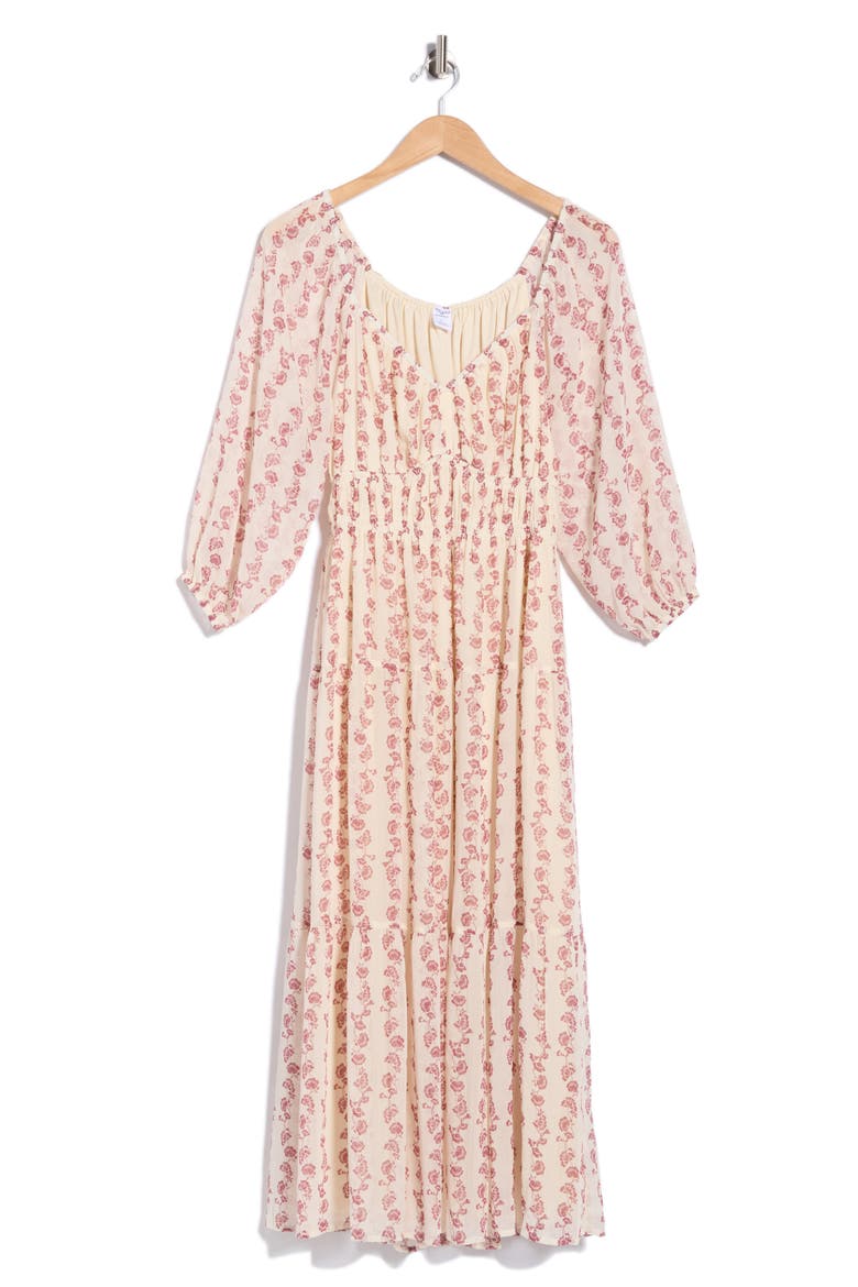 Romantic Floral Puff Sleeve Midi Dress, Alternate, color, IVORY- BURGUNDY GEOMETRIC