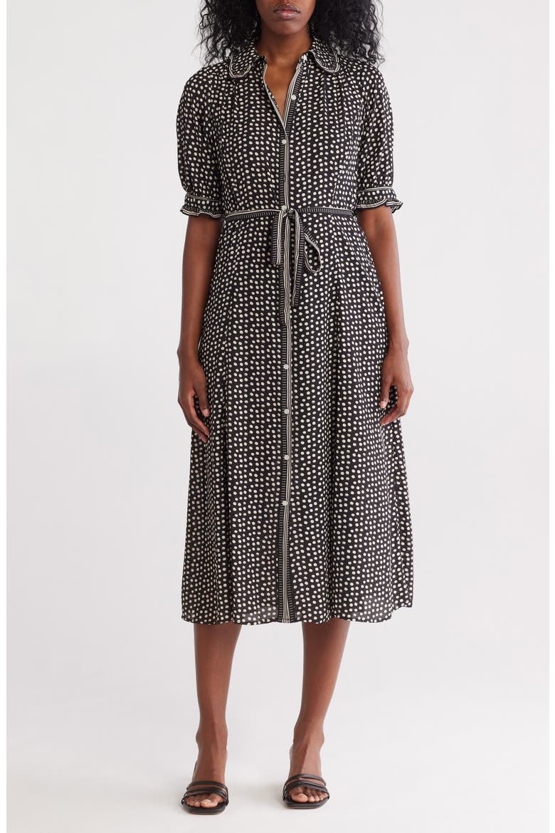 Puff Sleeve Chiffon Midi Shirtdress, Main, color, BKCRMSDF-BLACK/CREAM STIPPLE DOT FRAMED PANEL