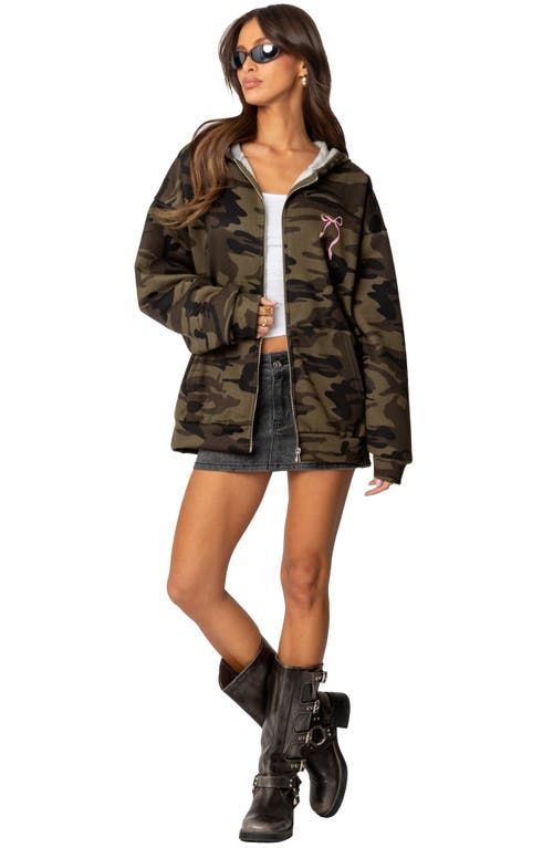 Shop Edikted Camo Bow Detail Oversize Zip Hoodie In Olive