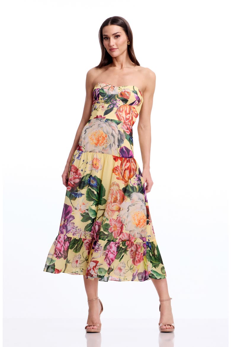 Prescott Floral Strapless Cocktail Midi Dress, Alternate, color, GOLDEN FLORAL MULTI