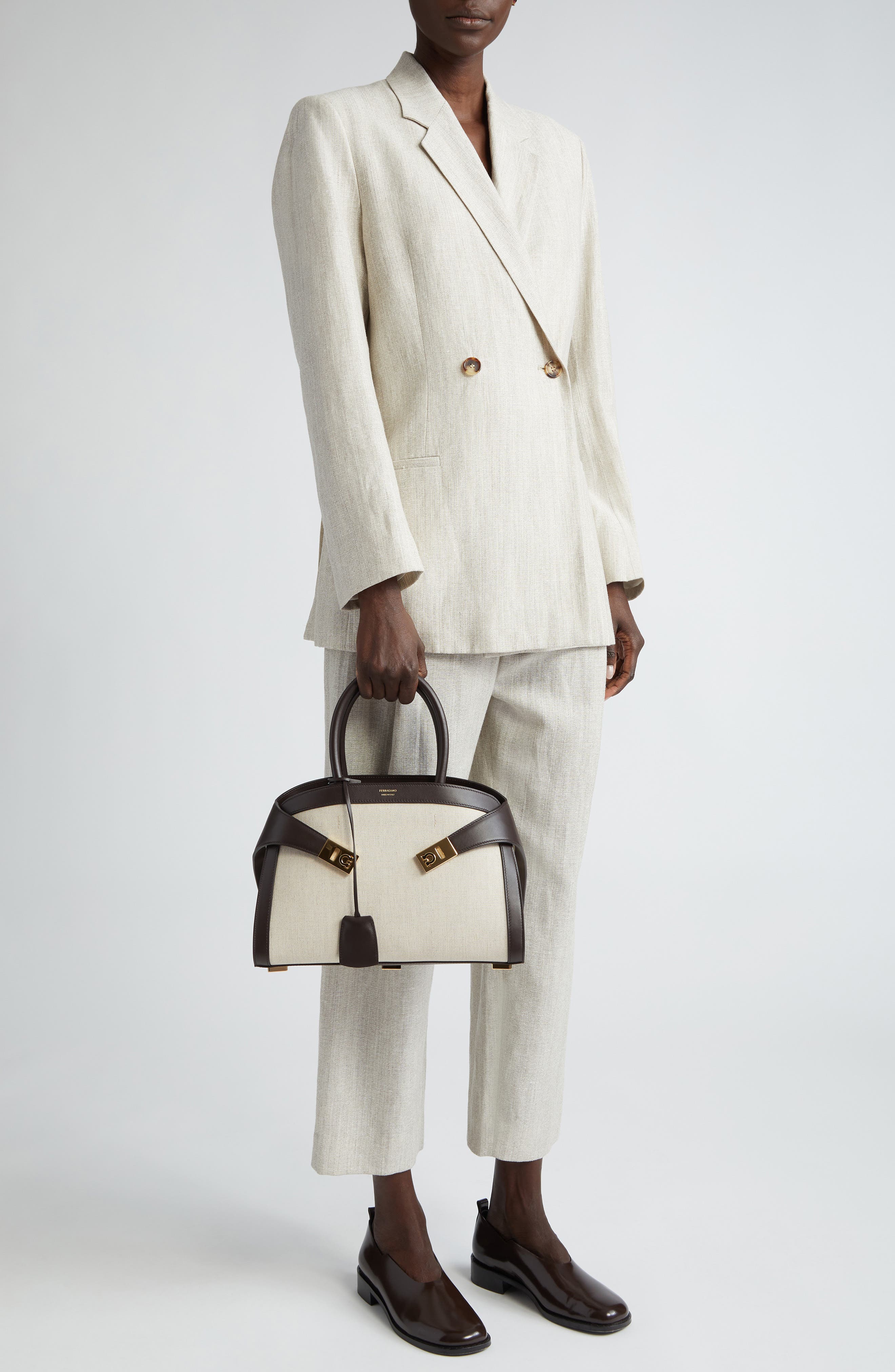 FERRAGAMO Small Hug Canvas & Leather Satchel, Alternate, color, 