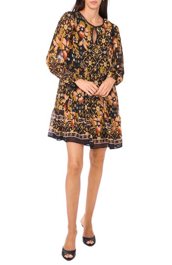 Halogen ® Tiered Long Sleeve Keyhole Dress In Black