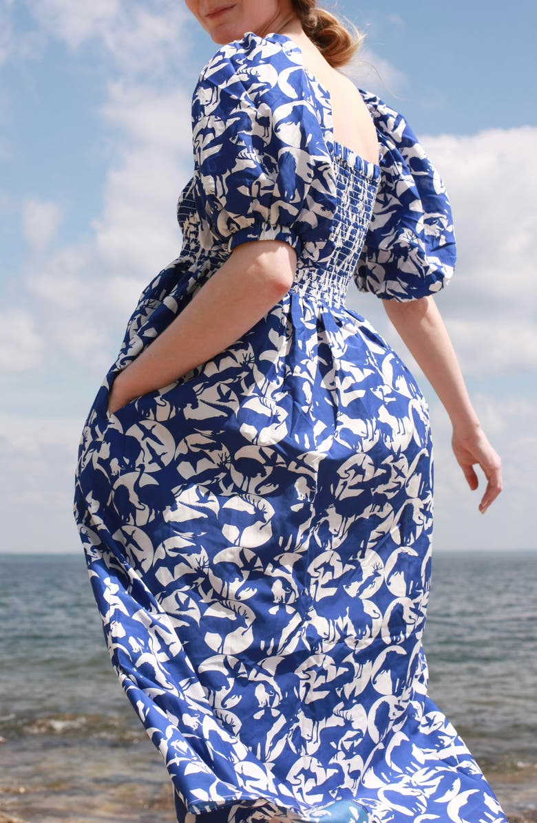 Jessie Zhao New York Animal World Smocked Cotton Silk Dress, Alternate, color, Blue