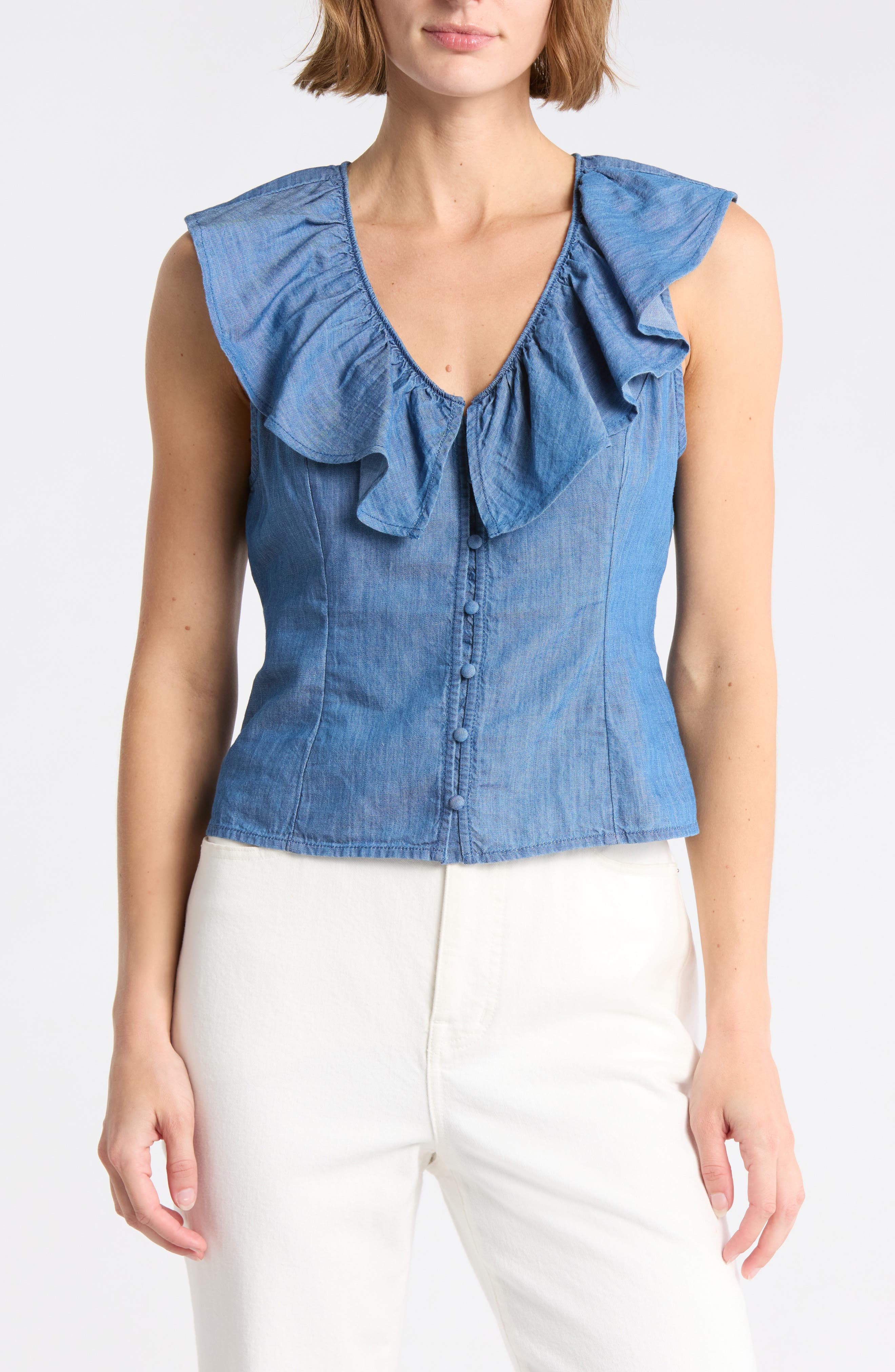 Ruffle V-Neck Chambray Top