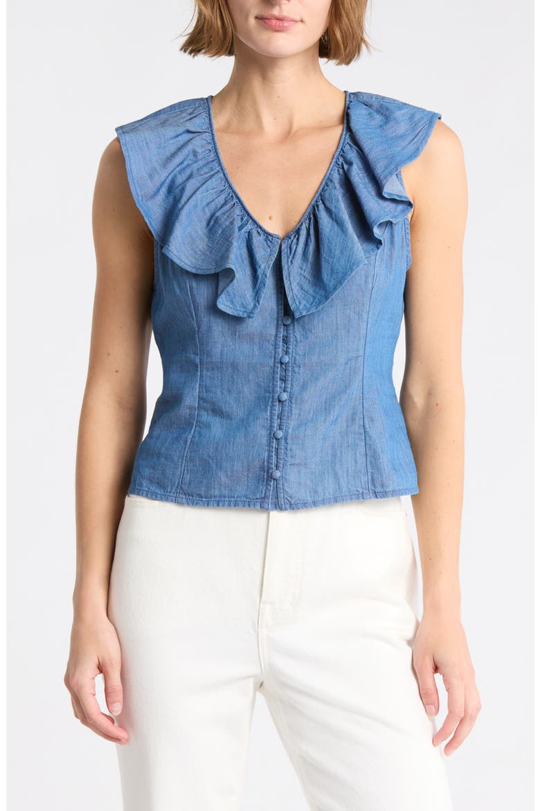 Ruffle V-Neck Chambray Top, Main, color, MEDIUM WASH