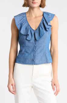 Ruffle V-Neck Chambray Top