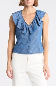 Melrose and Market Ruffle V-Neck Chambray Top