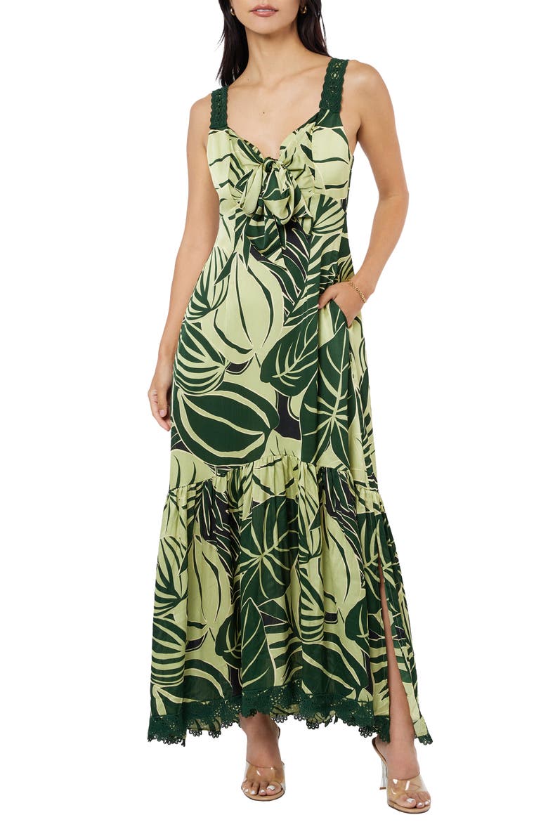 Kira Lace Trim Print Maxi Dress, Main, color, GREEN MULTI