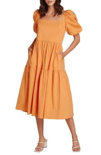 Willow Margot Puff Sleeve Midi Dress In Yellow
