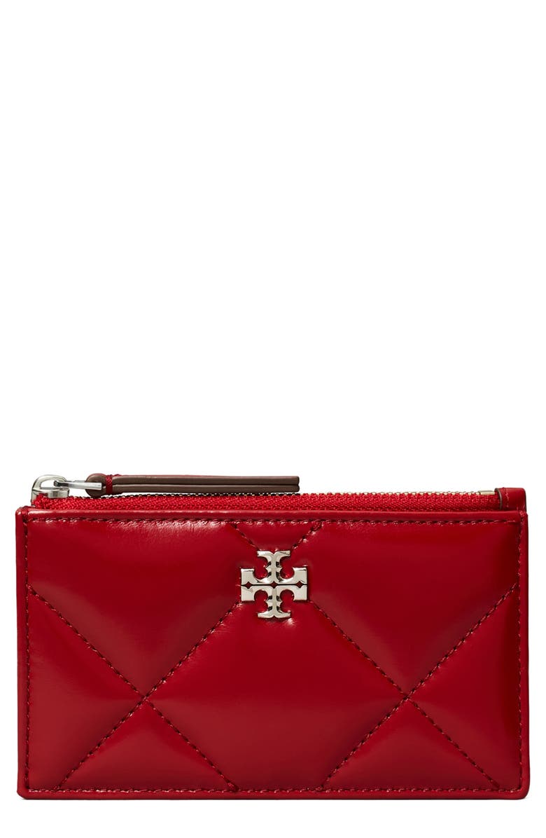 Tory Burch Kira Diamond Quilted Leather Zip Card Case, Main, color, Red