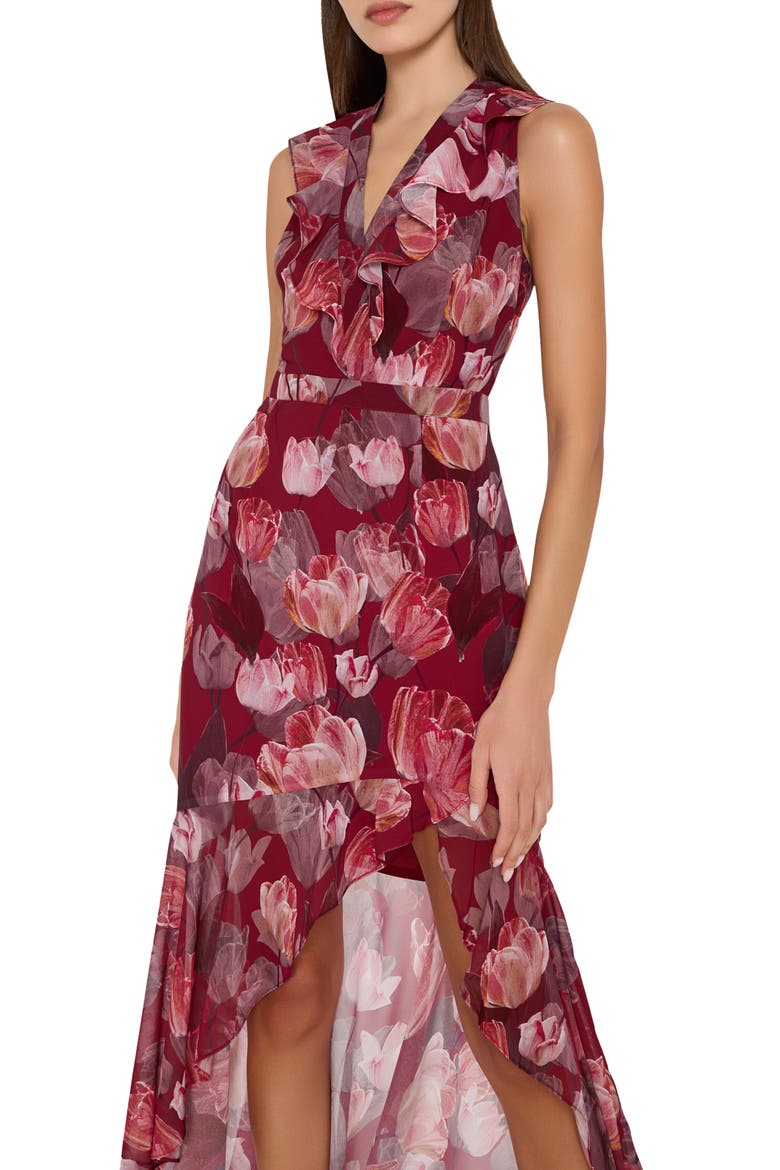 Nanci Floral Print Asymmetrical Ruffle Midi Dress, Alternate, color, RED MULTI