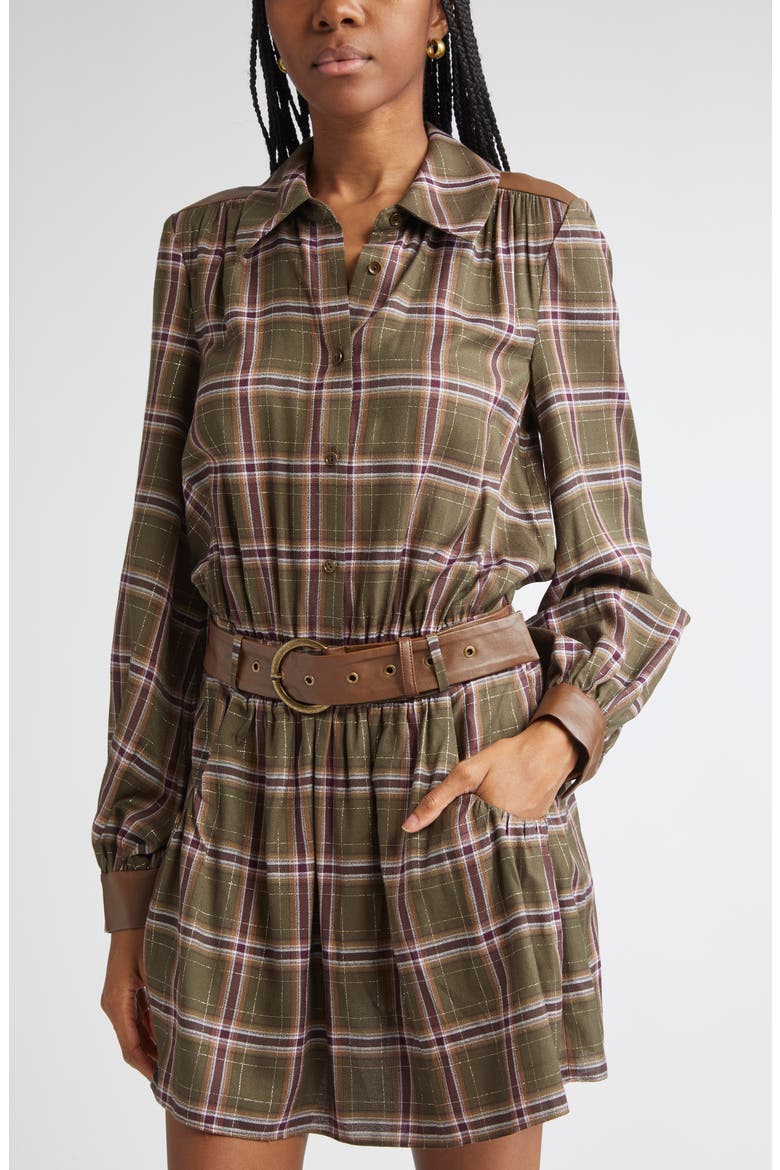 Jim Belted Metallic Long Sleeve Dress, Alternate, color, DEEP OLIVE PLAID