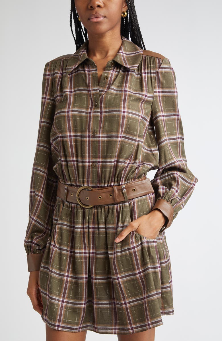 Ramy Brook Jim Belted Metallic Long Sleeve Dress, Alternate, color, Deep Olive Plaid
