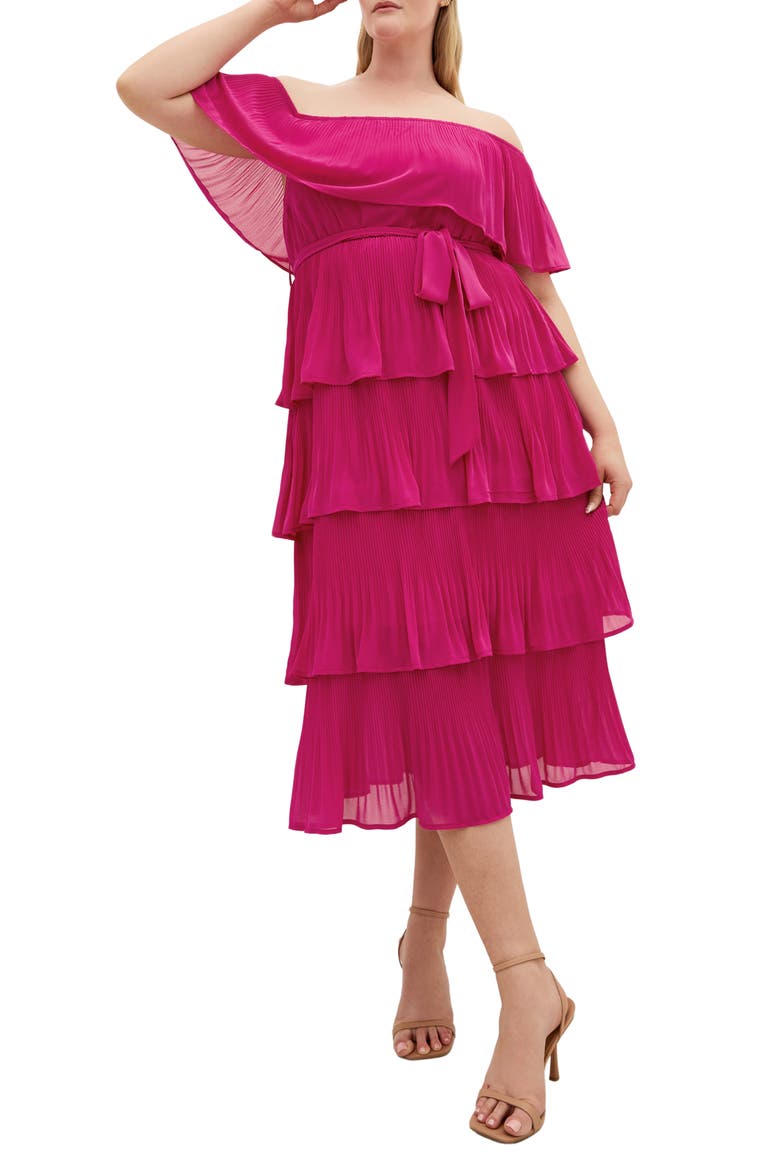Night Garden Off the Shoulder Tiered Dress, Main, color, HOT PINK