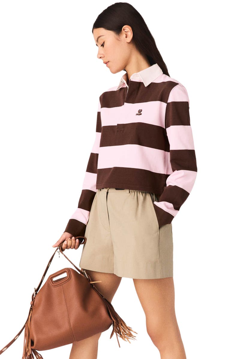 maje Striped polo sweatshirt, Alternate, color, Brown/Pink