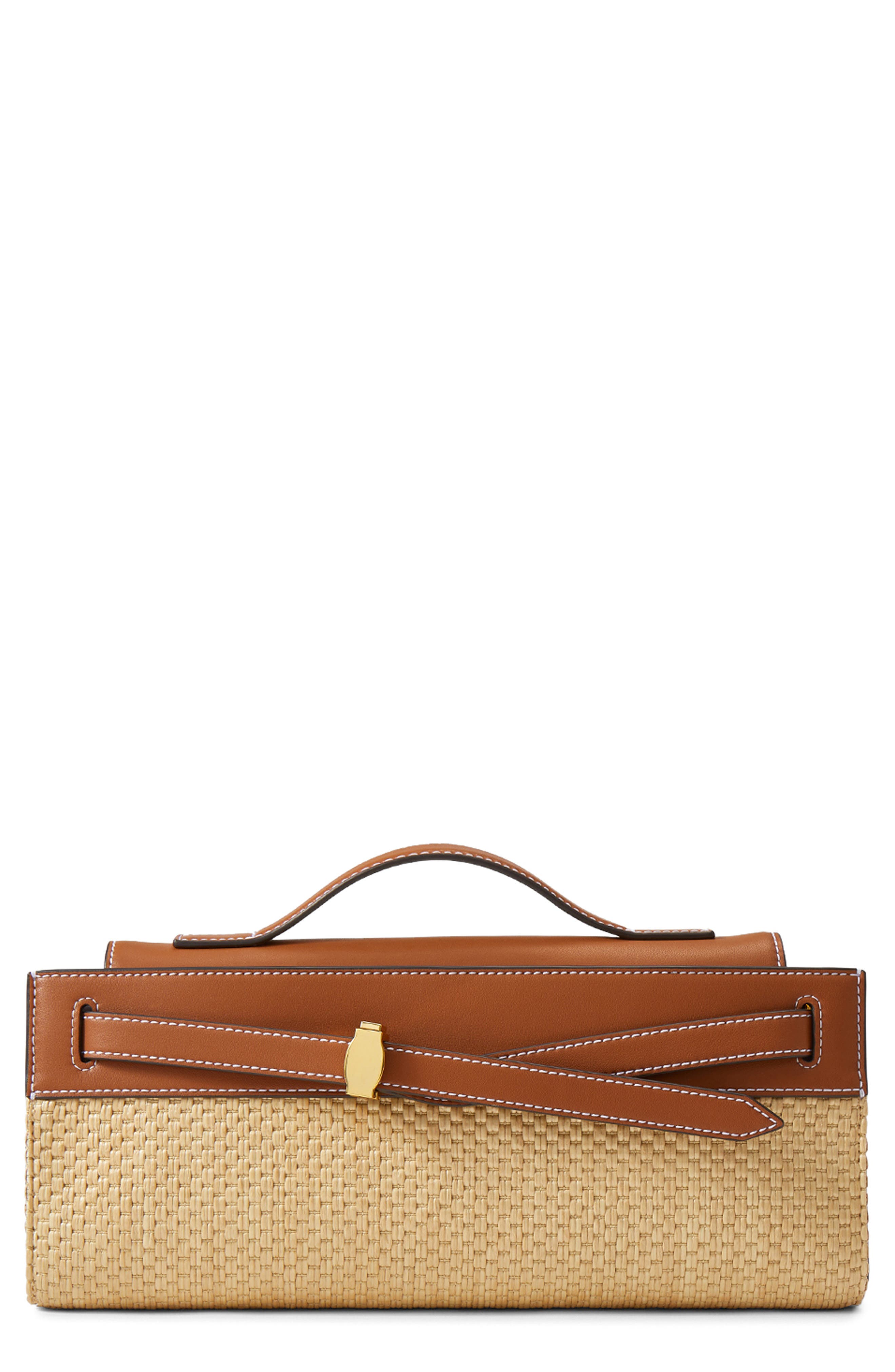 Veronica Beard Dash Leather & Raffia Clutch, Main, color, Hazelwood Natural