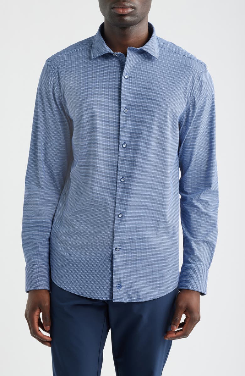Johnston & Murphy XC+<sup>™</sup> Motion Micropattern Knit Button-Up Shirt, Main, color, Navy Basketweave