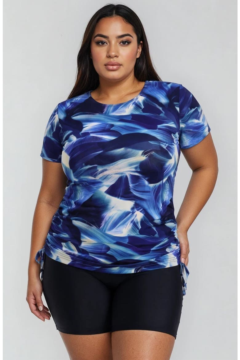 Plus Size Short Sleeve Adele Swim Top and Black Mid-Thigh Swim Shorts Set, Main, color, Navy Wave