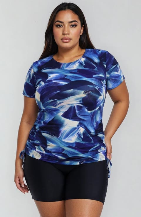 Plus Size Short Sleeve Adele Swim Top and Black Mid-Thigh Swim Shorts Set